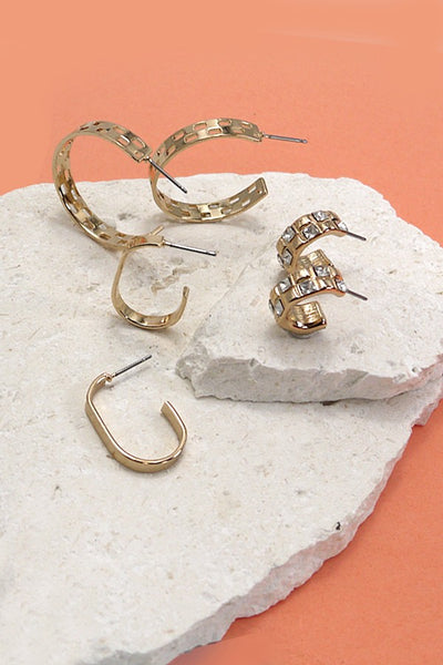 TRIO CHECKER RHINESTONE U HUGGIE  HOOP EARRINGS | 80E2568