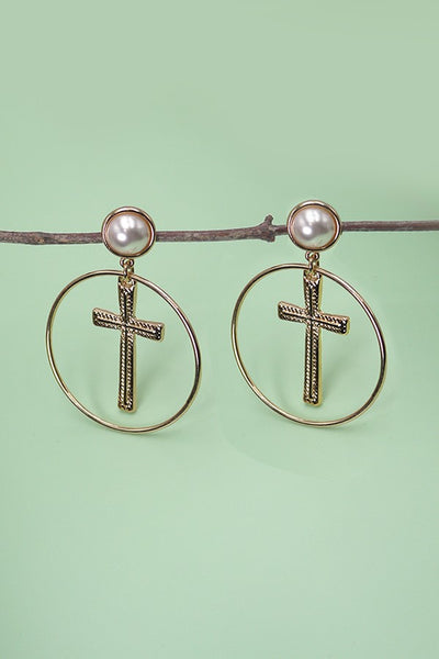 ROUND CROSS DROP PEARL EARRINGS | 80E2580