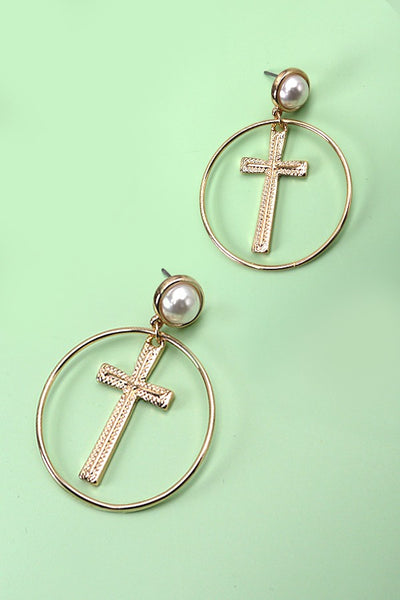 ROUND CROSS DROP PEARL EARRINGS | 80E2580