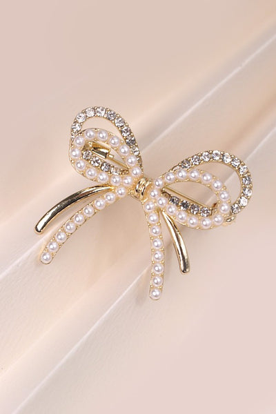 DOUBLE BOW PEARL RHINESTONE BROOCH PIN | 80P017