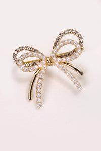 DOUBLE BOW PEARL RHINESTONE BROOCH PIN | 80P017