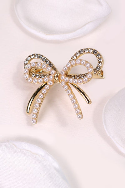 DOUBLE BOW PEARL RHINESTONE BROOCH PIN | 80P017