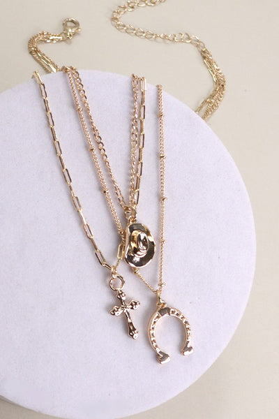 TRIO LAYER HORSESHOE HAT CROSS CAHRM NECKLACE | 80N436