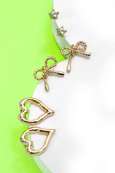 BOW HEART CHARM STUD TRIO EARRINGS | 80E2715