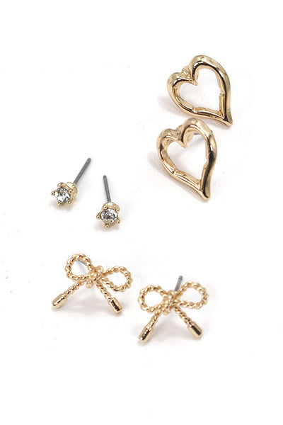 BOW HEART CHARM STUD TRIO EARRINGS | 80E2715