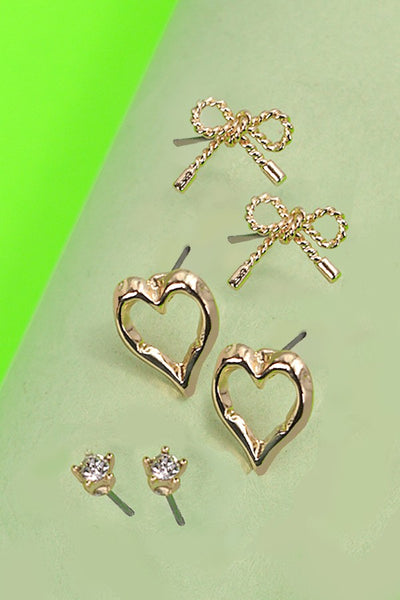 BOW HEART CHARM STUD TRIO EARRINGS | 80E2715