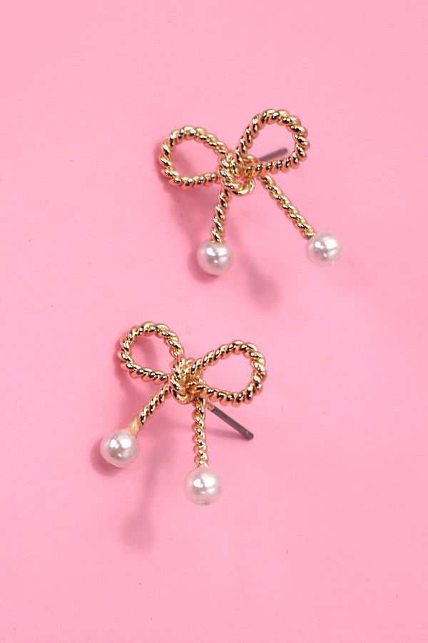 ROPE BOW RIBBON PEARL STUD EARRINGS | 80E2721