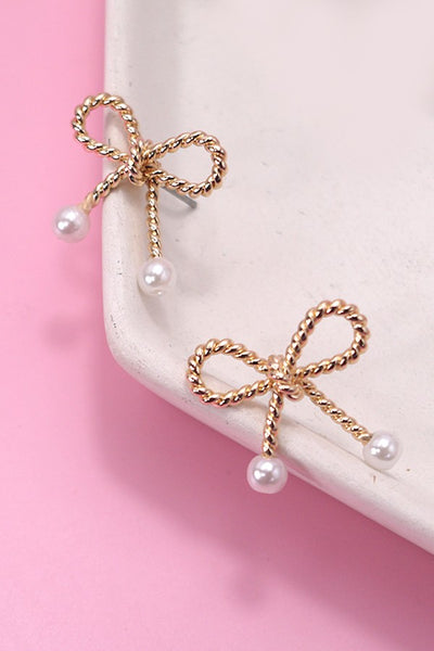 ROPE BOW RIBBON PEARL STUD EARRINGS | 80E2721