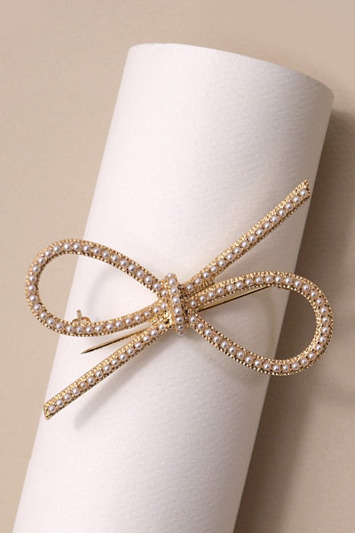 DOUBLE CHIC BOW RIBBON PEARL BROOCH PIN | 31BR4003