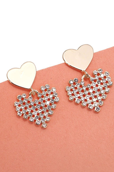 DOUBLE HEART GOLD RHINESTONE DROP EARRINGS | 80E2797