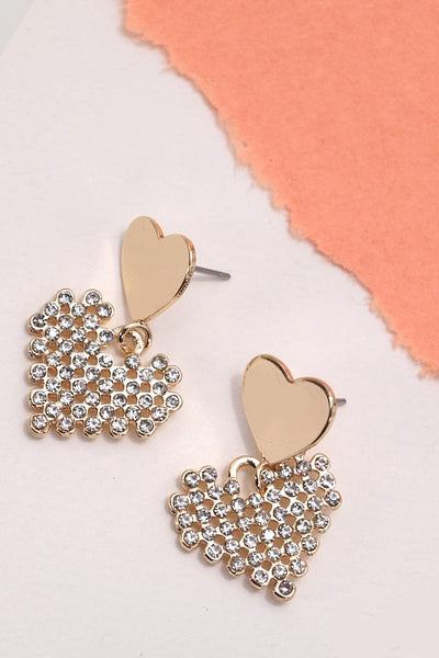 DOUBLE HEART GOLD RHINESTONE DROP EARRINGS | 80E2797