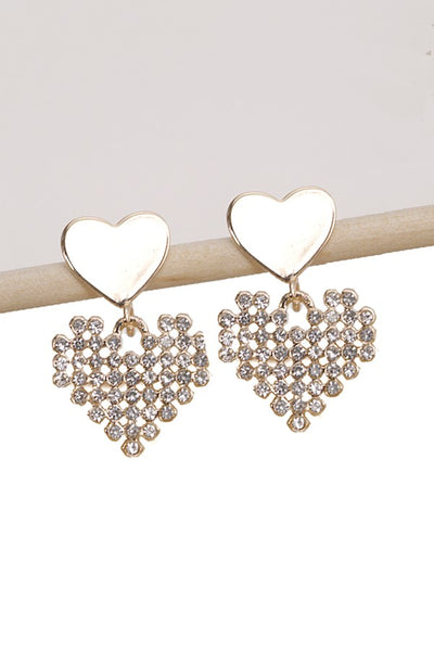 DOUBLE HEART GOLD RHINESTONE DROP EARRINGS | 80E2797