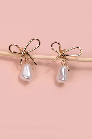 PEARL DANGLE GOLD BOW DROP EARRINGS | 80E2800