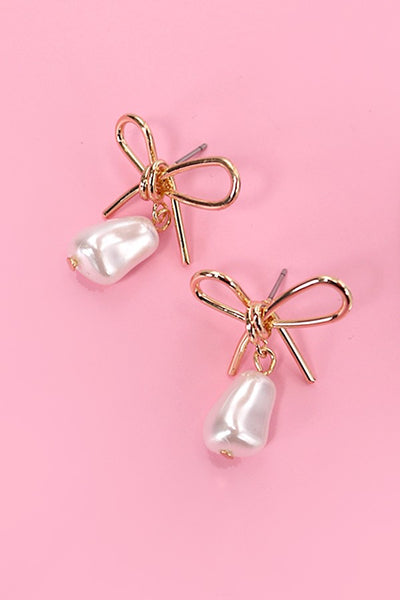 PEARL DANGLE GOLD BOW DROP EARRINGS | 80E2800