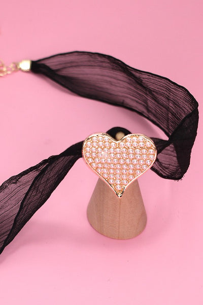 PEARL HEART SHEER LACE CHAIN NECKLACE | 80N448