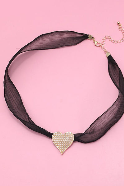 PEARL HEART SHEER LACE CHAIN NECKLACE | 80N448