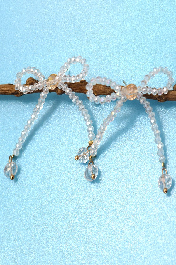 RHINESTONE CUT CLEAR BED BOW RIBBON EARRINGS | 80E2845