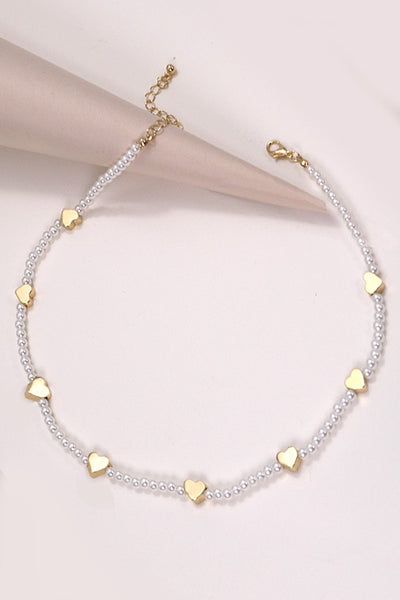 GOLD HEART STATION PEARL BEAD CHAIN NECKALCE | 80N490