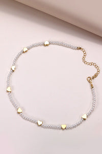 GOLD HEART STATION PEARL BEAD CHAIN NECKALCE | 80N490