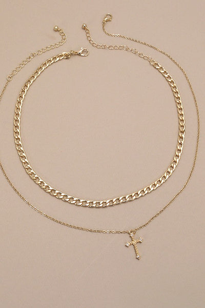 DOUBLE LAYER CROSS CHARM PENDANT NECKLACE | 80N492