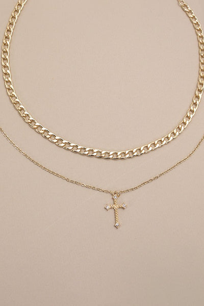 DOUBLE LAYER CROSS CHARM PENDANT NECKLACE | 80N492