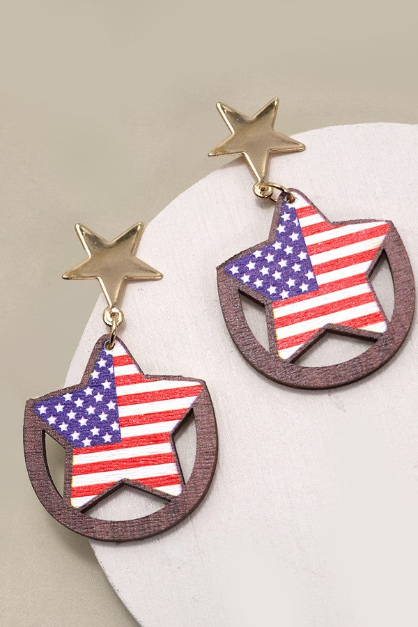 4TH OF JULY USA FLAG STAR WOOD DROP EARRINGS | 31E24370