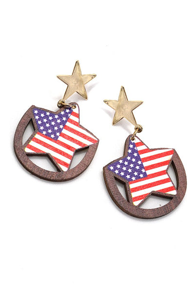 4TH OF JULY USA FLAG STAR WOOD DROP EARRINGS | 31E24370