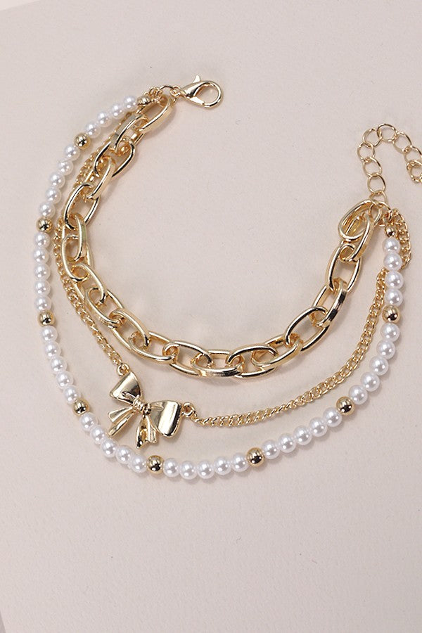 BOW PEARL LINK TRIO SET BRACELETS | 80B146