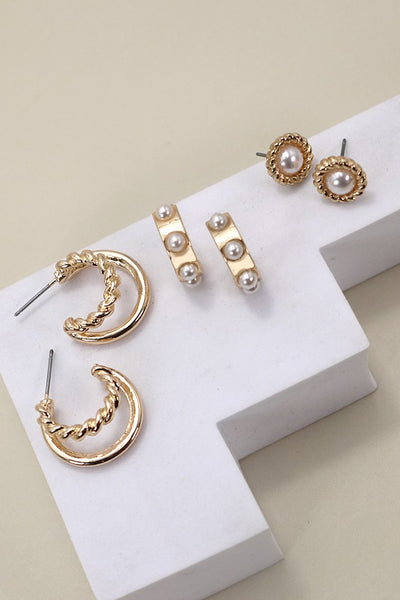 GOLD PEARL HOOP STUD TRIO EARRINGS | 80E2990