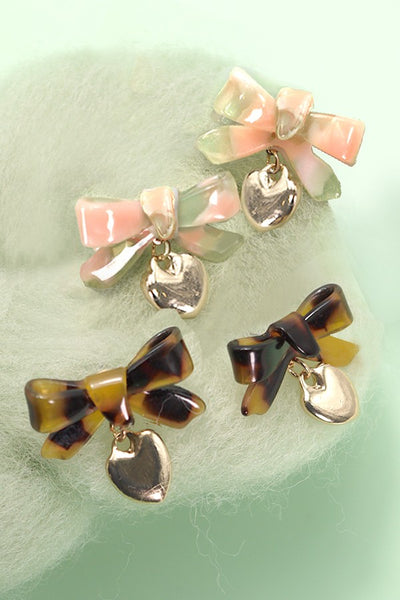 CELLULOSE BOW RIBBON HEART DROP EARRINGS | 80E2939