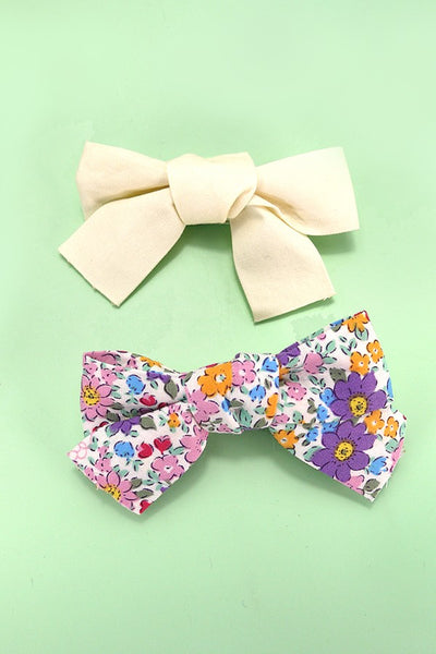 FLORAL SOLID BOW RIBBON HAIR CLIPS 2PC SET | 40H779