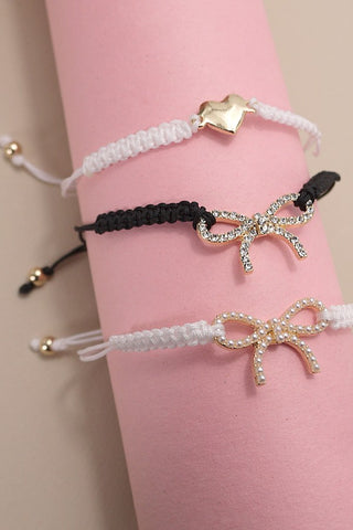 ADJUSTABLE ROPE BAND PEARL HEART BOW BRACELET | 80B161