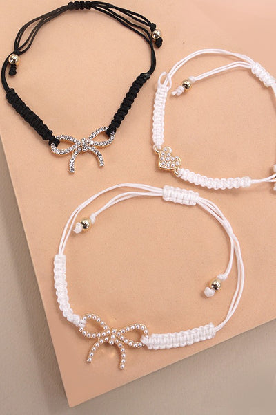 ADJUSTABLE ROPE BAND PEARL HEART BOW BRACELET | 80B161