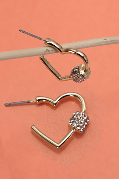 CARABINER LOCK RHINESTONE HEART HOOP EARRINGS | 80E3217