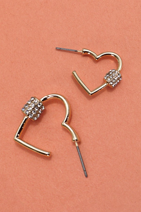 CARABINER LOCK RHINESTONE HEART HOOP EARRINGS | 80E3217