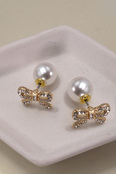 DOUBLE RHINESTONE BOW PEARL BACKING STUD EARRING | 80E3220