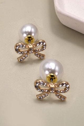 DOUBLE RHINESTONE BOW PEARL BACKING STUD EARRING | 80E3220