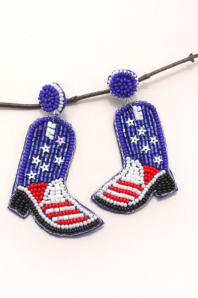 4TH OF JULY SEEDBEAD BOOT FLAG DROP EARRINGS | 91E115277