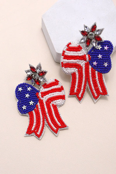 4TH OF JULY SEEDBEAD BOW FLAG DROP EARRINGS | 91E084237