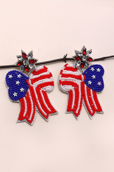 4TH OF JULY SEEDBEAD BOW FLAG DROP EARRINGS | 91E084237