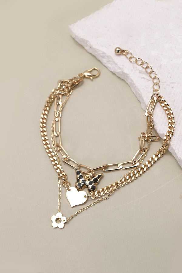 MULTI LAYER CHECKER BUTTERFLY HEART BRACELET | 80B168