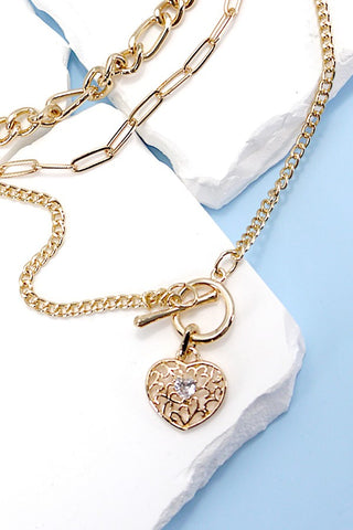 MULTI LAYER LINK CHAIN TOGGLE HEART CHAIN NECKLACE | 25N884