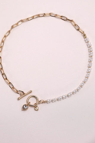GOLD PEARL HEART CHARM TOGGLE NECKLACE | 25N852