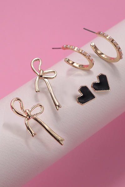 TRIO BOW HOOP HEART EARRINGS | 80E3532