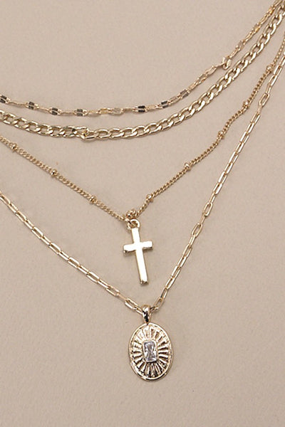 MULTI LAYER CROSS OVAL CHARM NECKLACE | 25N851