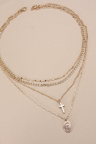 MULTI LAYER CROSS OVAL CHARM NECKLACE | 25N851