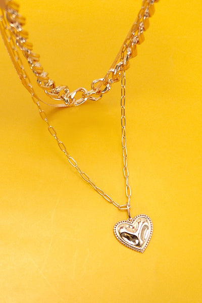 MULTI LAYER CUBAN HERRINGBONE HEART CHARM NECKLACE | 25N870