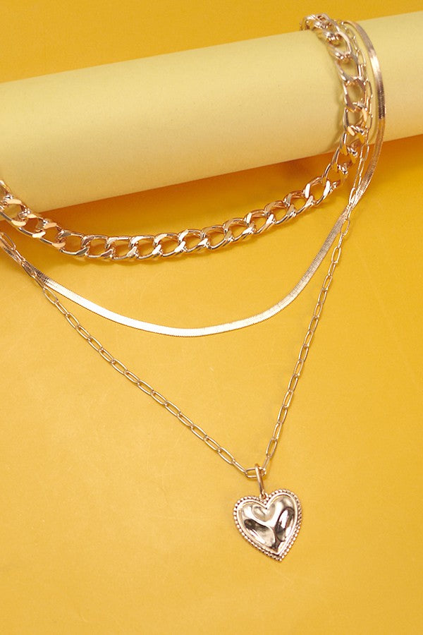 MULTI LAYER CUBAN HERRINGBONE HEART CHARM NECKLACE | 25N870