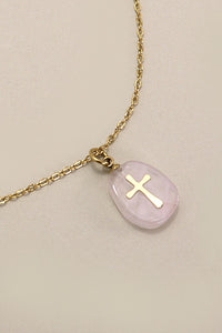 ROSE QUARTZ STAINLESS STEEL CROSS NECKLACE | 40NK317