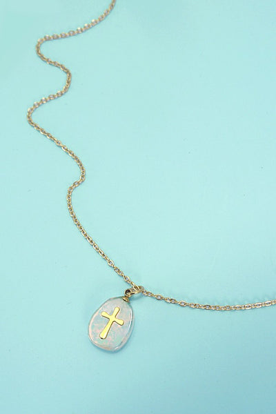 ROSE QUARTZ STAINLESS STEEL CROSS NECKLACE | 40NK317